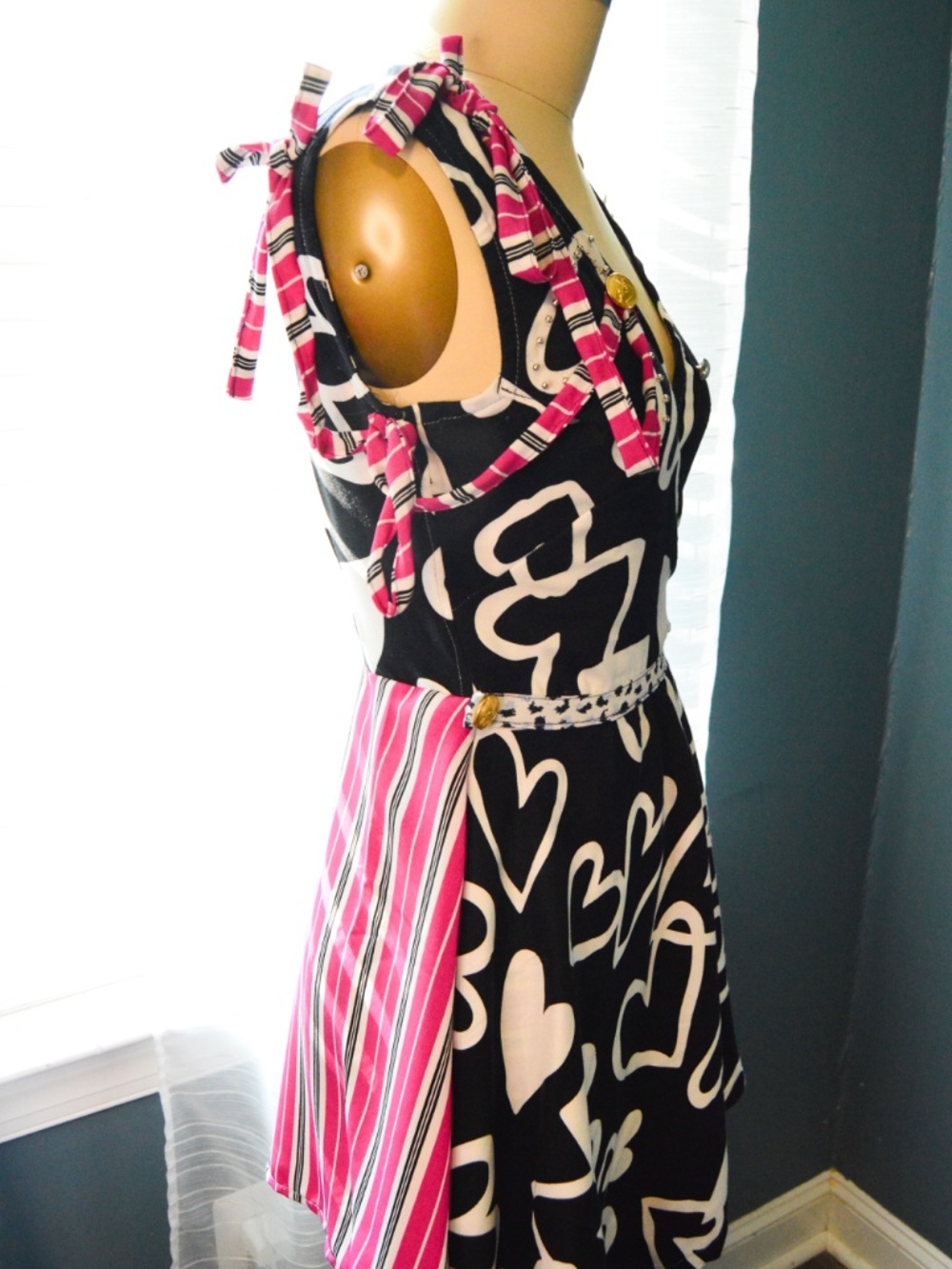 One of One Handmade Black & Pink Heart and Stripe Patchwork Asymmetric Dress S